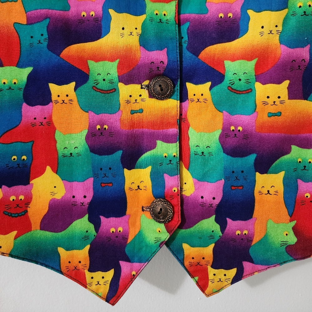 Vintage Retro Rainbow Cat Button Front Cotton Print Novelty Vest M - Picture 3 of 6